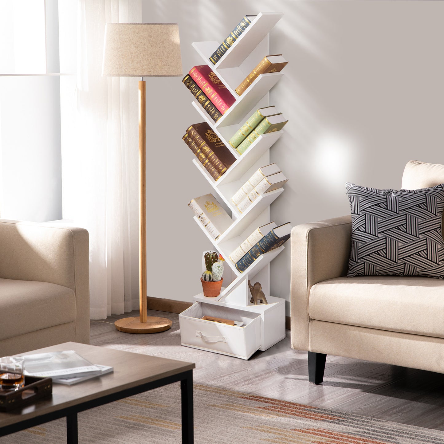 10-Tier Tree Bookshelf with Drawer Free-standing Storage Bookcase-White Kids Crystal