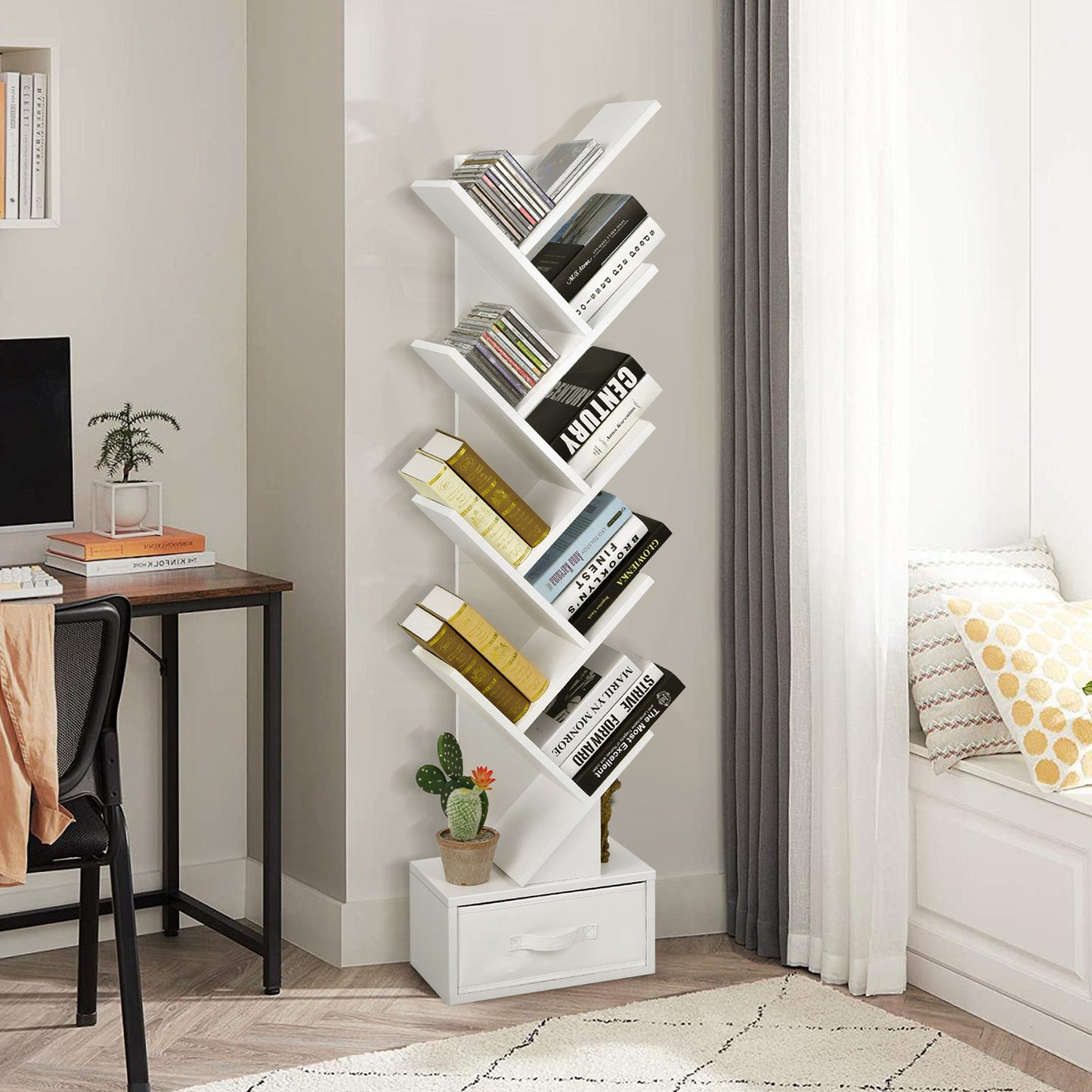 10-Tier Tree Bookshelf with Drawer Free-standing Storage Bookcase-White Kids Crystal