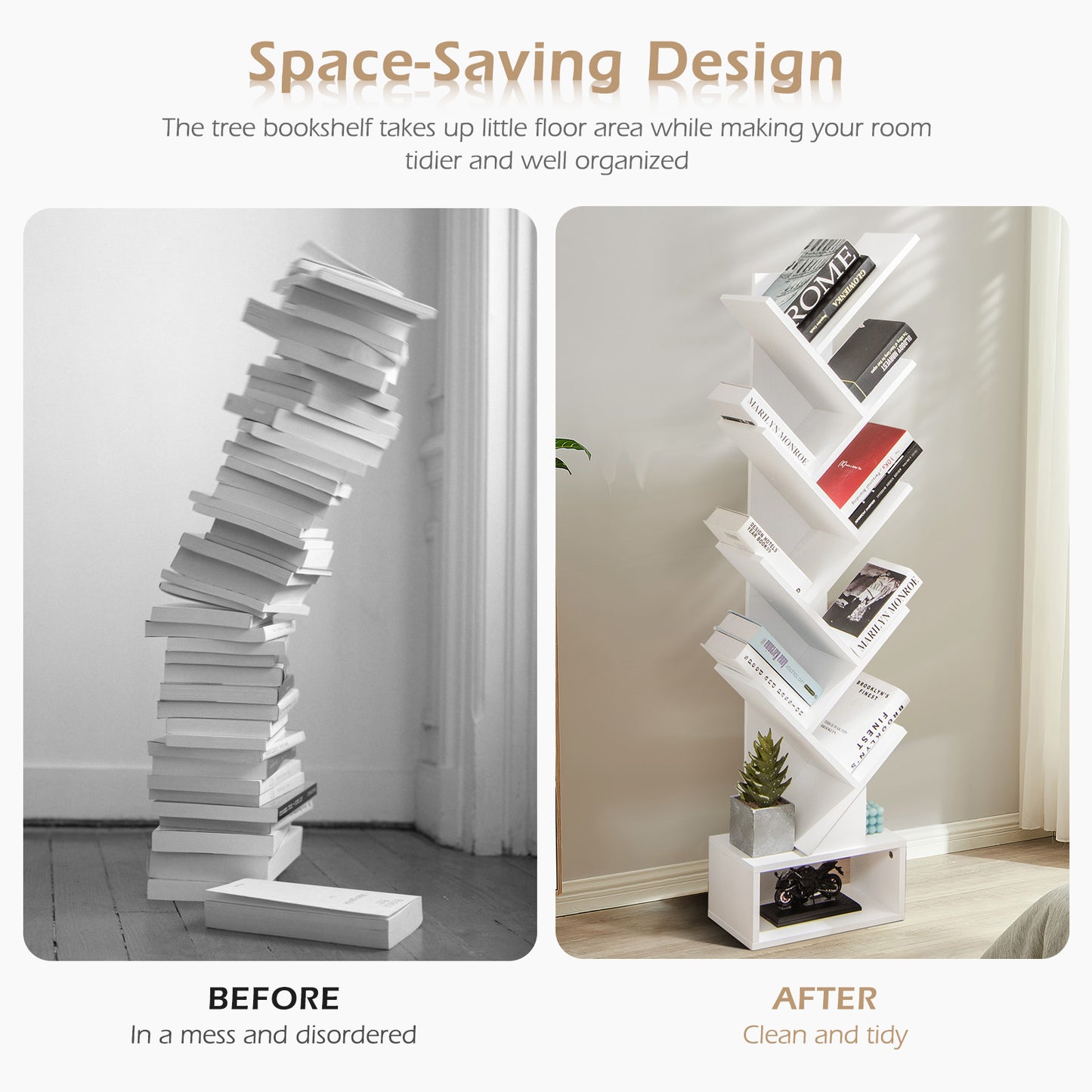 10-Tier Tree Bookshelf with Drawer Free-standing Storage Bookcase-White Kids Crystal
