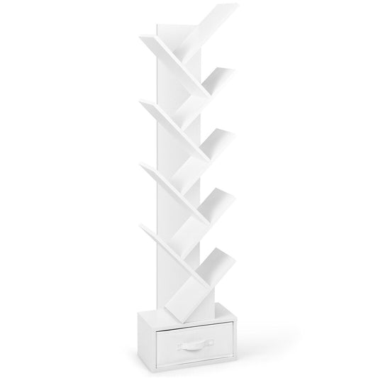 10-Tier Tree Bookshelf with Drawer Free-standing Storage Bookcase-White Kids Crystal