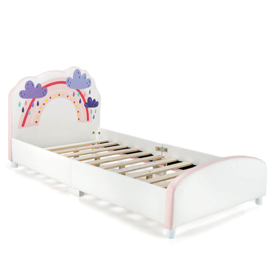 Kids Twin Size Upholstered Platform Wooden Bed with Rainbow Pattern Kids Crystal