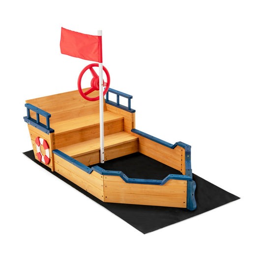 Kids Pirate Boat Wooden Sandbox Children Outdoor Playset Kids Crystal