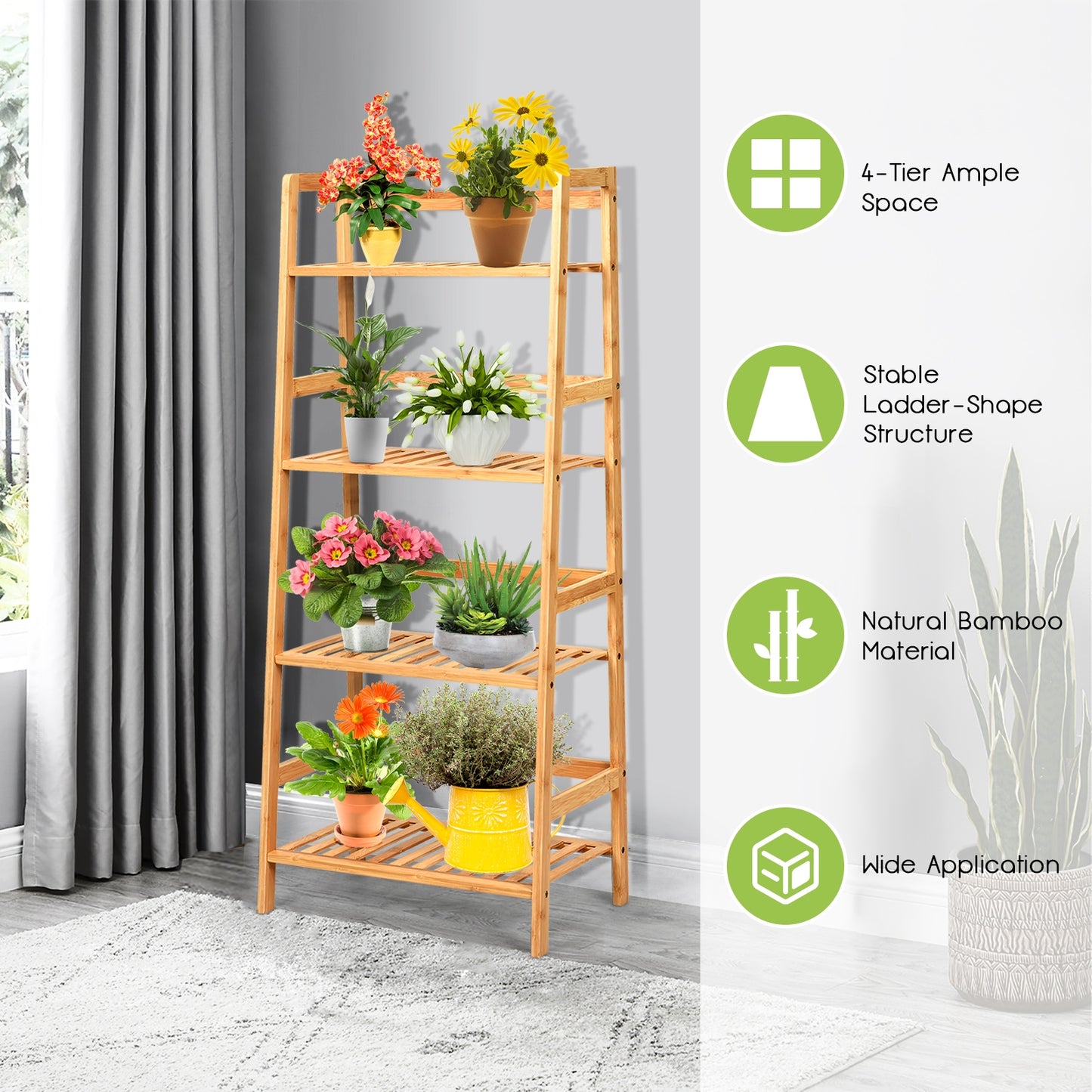 4-Tier Bamboo Plant Rack with Guardrails Stable and Space-Saving-Natural Kids Crystal