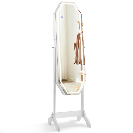 Standing Jewelry Cabinet Armoire Organizer LED Light Mirror Lockable-White Kids Crystal
