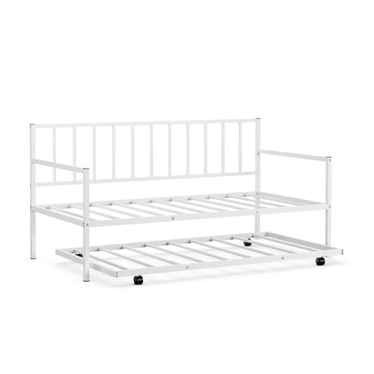Twin Metal Daybed Sofa Bed Set with Roll Out Trundle-White Kids Crystal