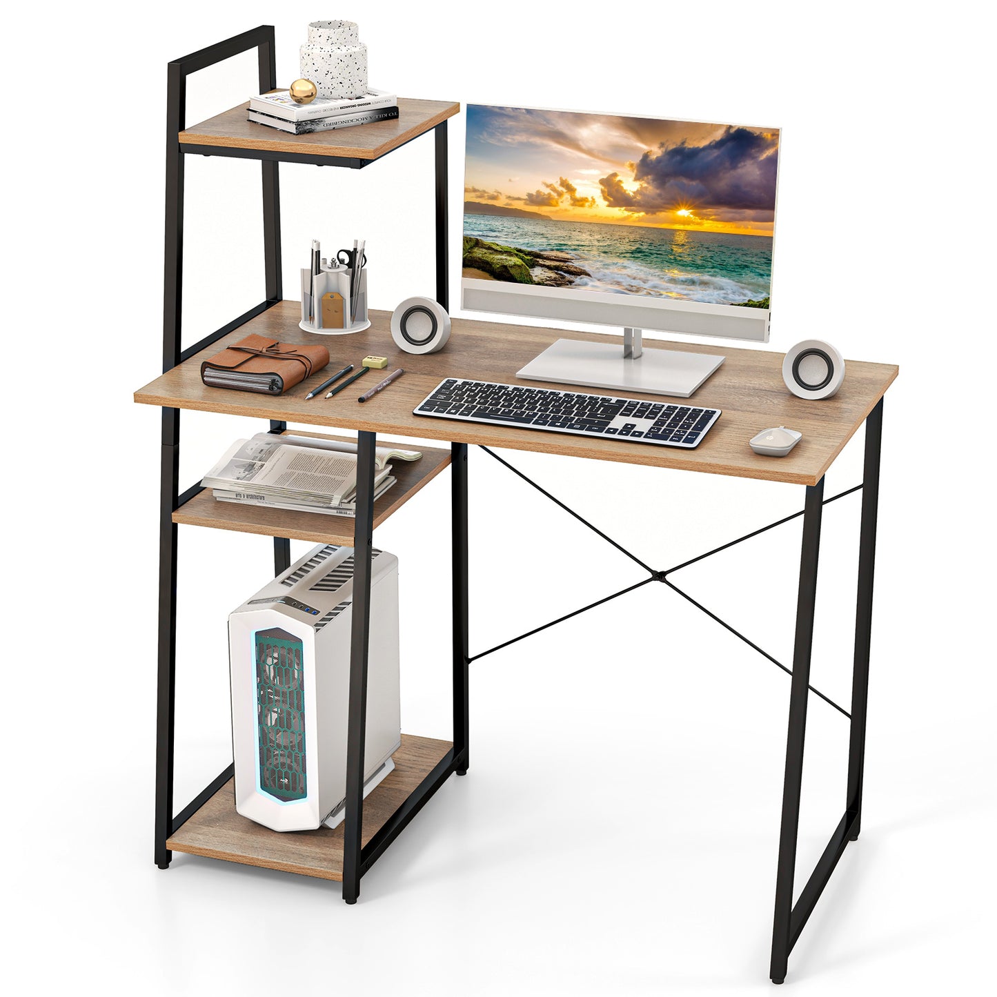 Compact Computer Desk Workstation with 4 Tier Shelves for Home and Office-Natural Kids Crystal