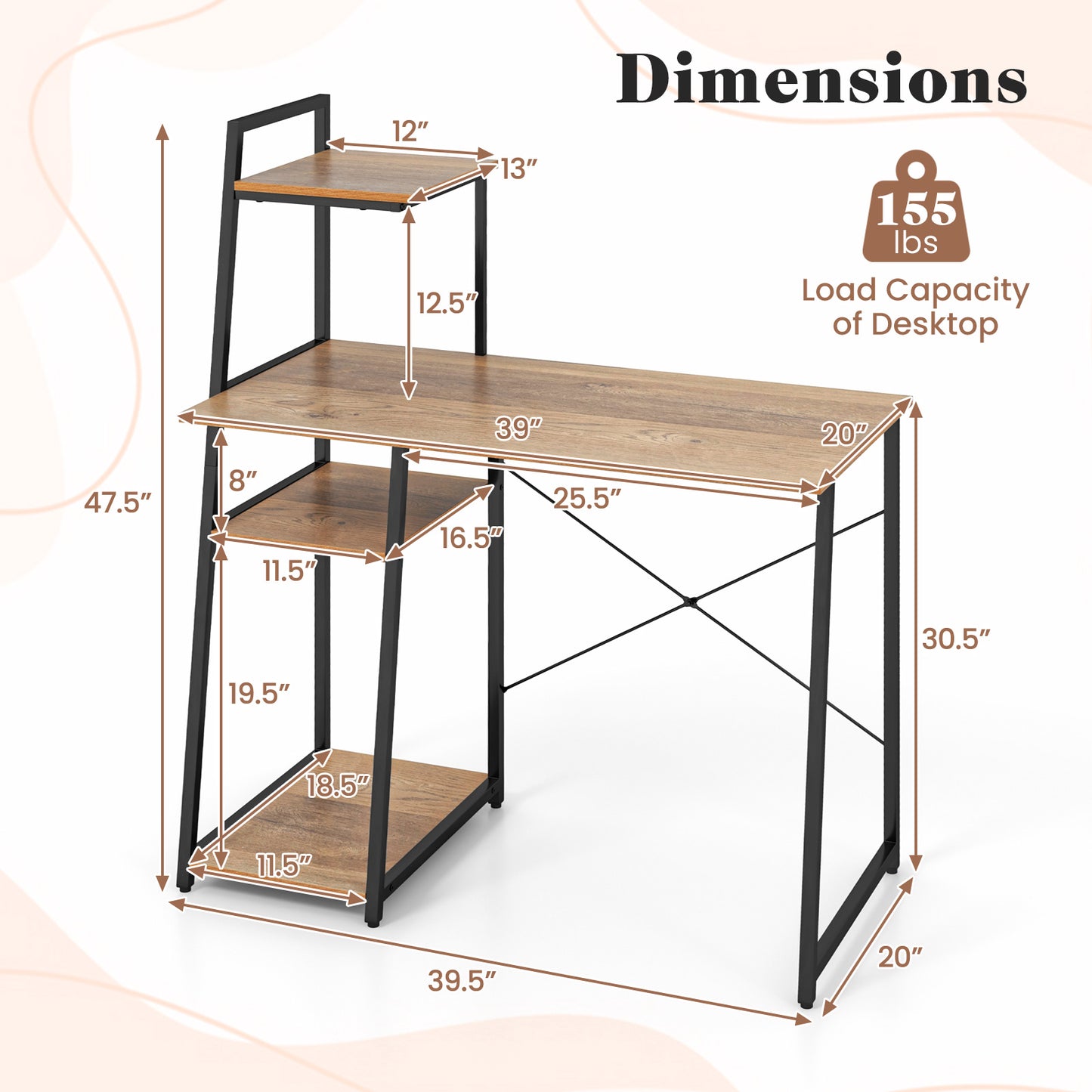 Compact Computer Desk Workstation with 4 Tier Shelves for Home and Office-Natural Kids Crystal