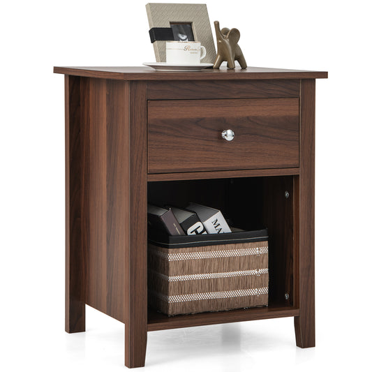 Wooden Nightstand with Slide-out Drawer and Open Shelf-Walnut Kids Crystal