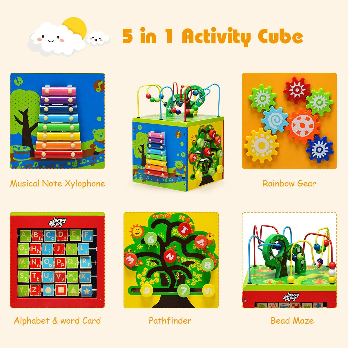 5-in-1 Wooden Activity Cube Toy Kids Crystal