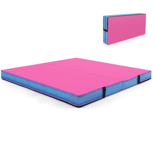 4ft x 4ft x 4in Bi-Folding Gymnastic Tumbling Mat with Handles and Cover-Pink Kids Crystal