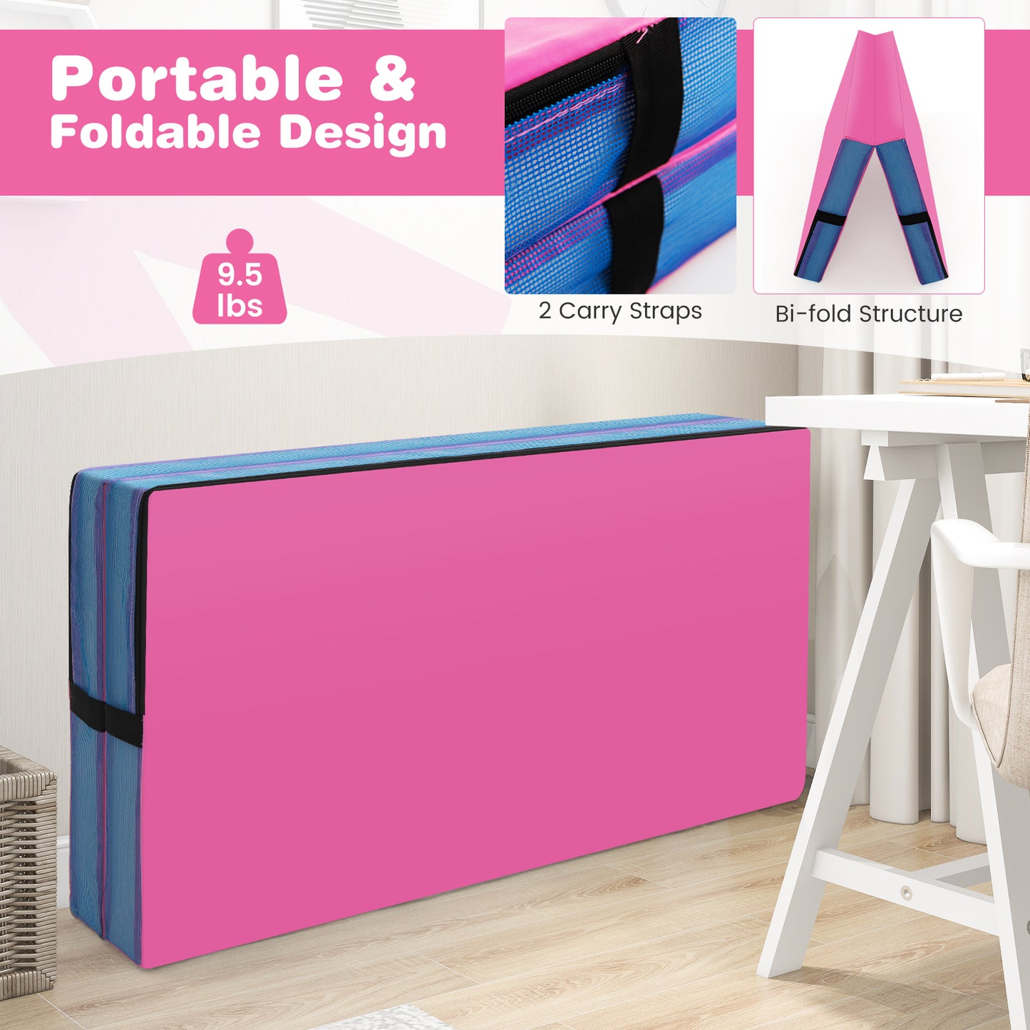 4ft x 4ft x 4in Bi-Folding Gymnastic Tumbling Mat with Handles and Cover-Pink Kids Crystal