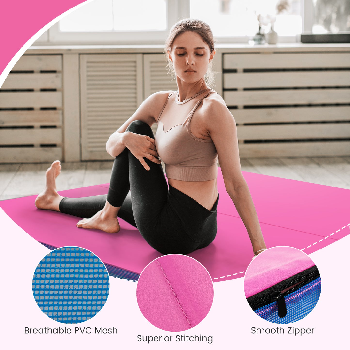 4ft x 4ft x 4in Bi-Folding Gymnastic Tumbling Mat with Handles and Cover-Pink Kids Crystal
