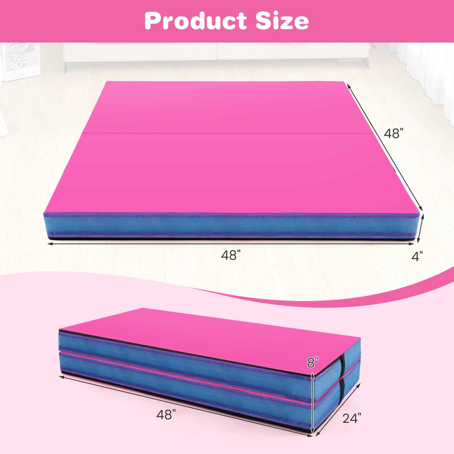4ft x 4ft x 4in Bi-Folding Gymnastic Tumbling Mat with Handles and Cover-Pink Kids Crystal
