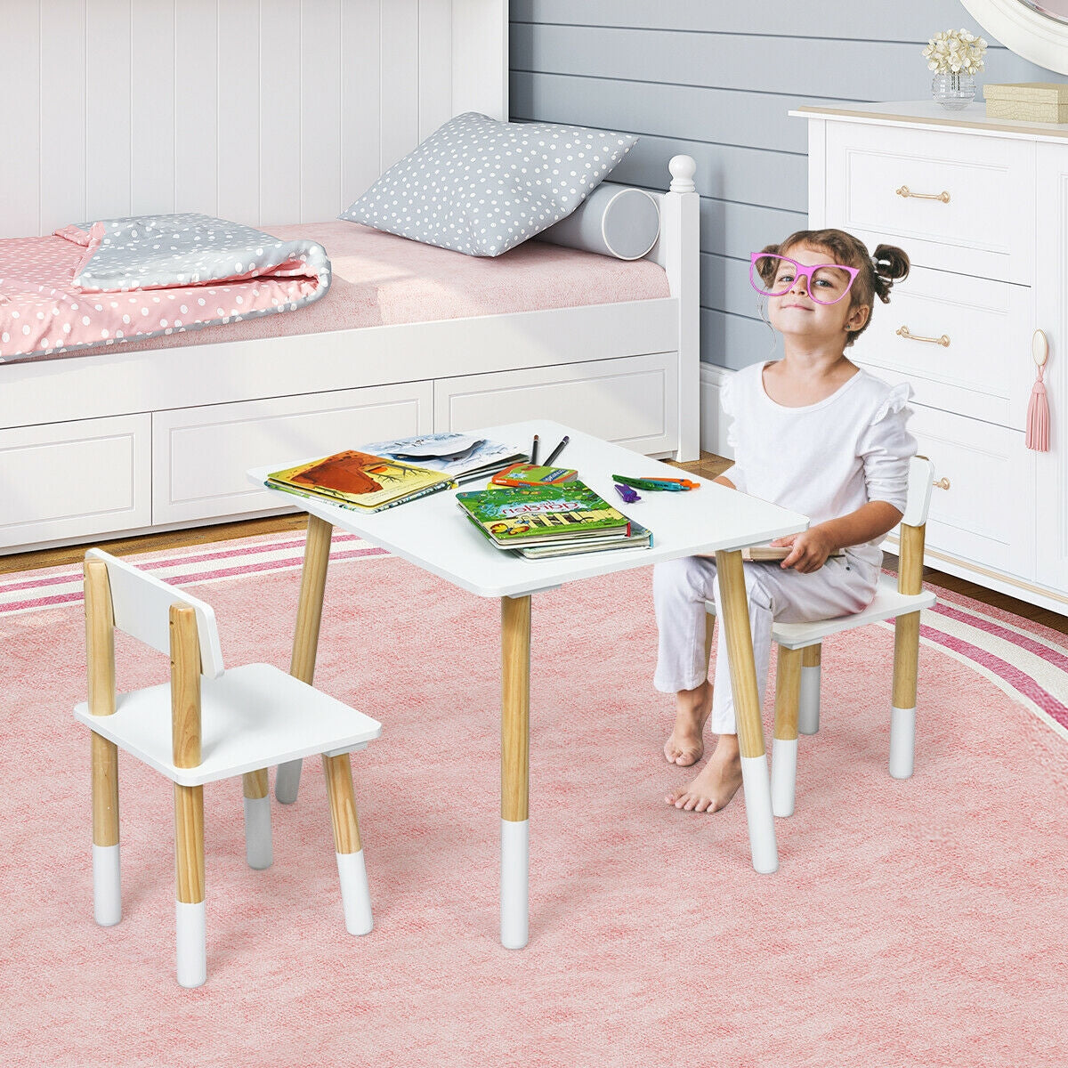 Kids Wooden Table and 2 Chairs Set-White Kids Crystal