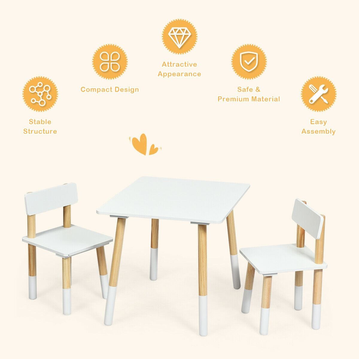 Kids Wooden Table and 2 Chairs Set-White Kids Crystal