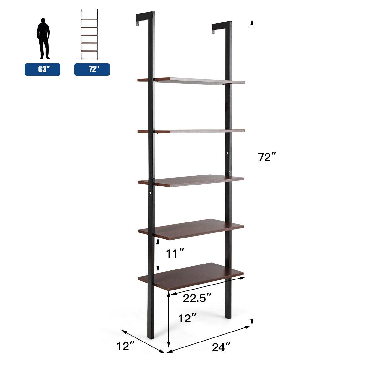 5-Tier Wood Look Ladder Shelf with Metal Frame for Home-Brown Kids Crystal