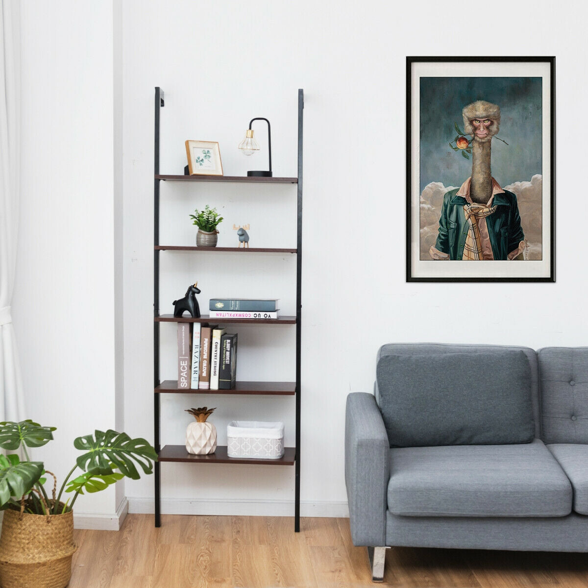 5-Tier Wood Look Ladder Shelf with Metal Frame for Home-Brown Kids Crystal