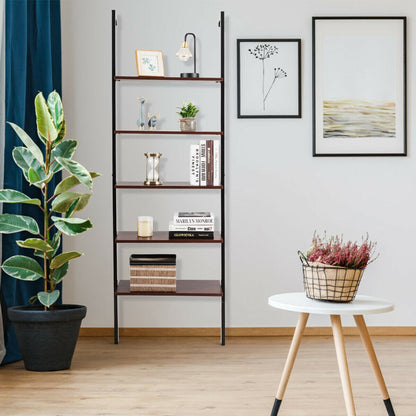 5-Tier Wood Look Ladder Shelf with Metal Frame for Home-Brown