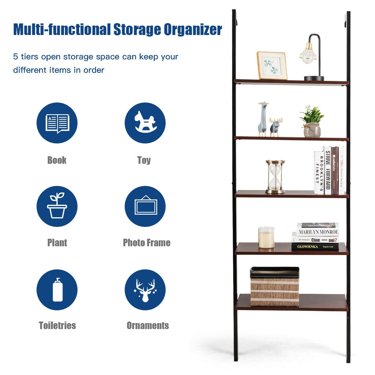 5-Tier Wood Look Ladder Shelf with Metal Frame for Home-Brown Kids Crystal