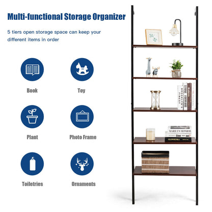 5-Tier Wood Look Ladder Shelf with Metal Frame for Home-Brown