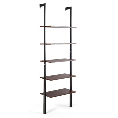 5-Tier Wood Look Ladder Shelf with Metal Frame for Home-Brown
