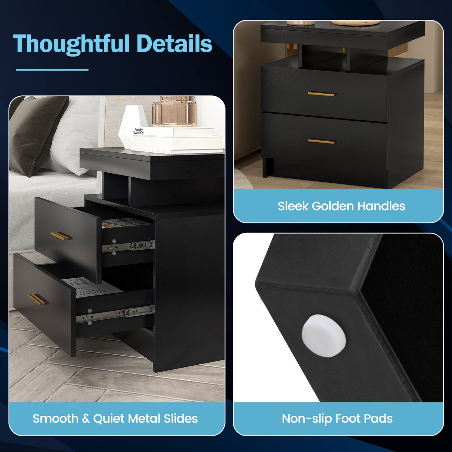 LED Nightstand with 2 Storage Drawers for Bedroom-Black Kids Crystal