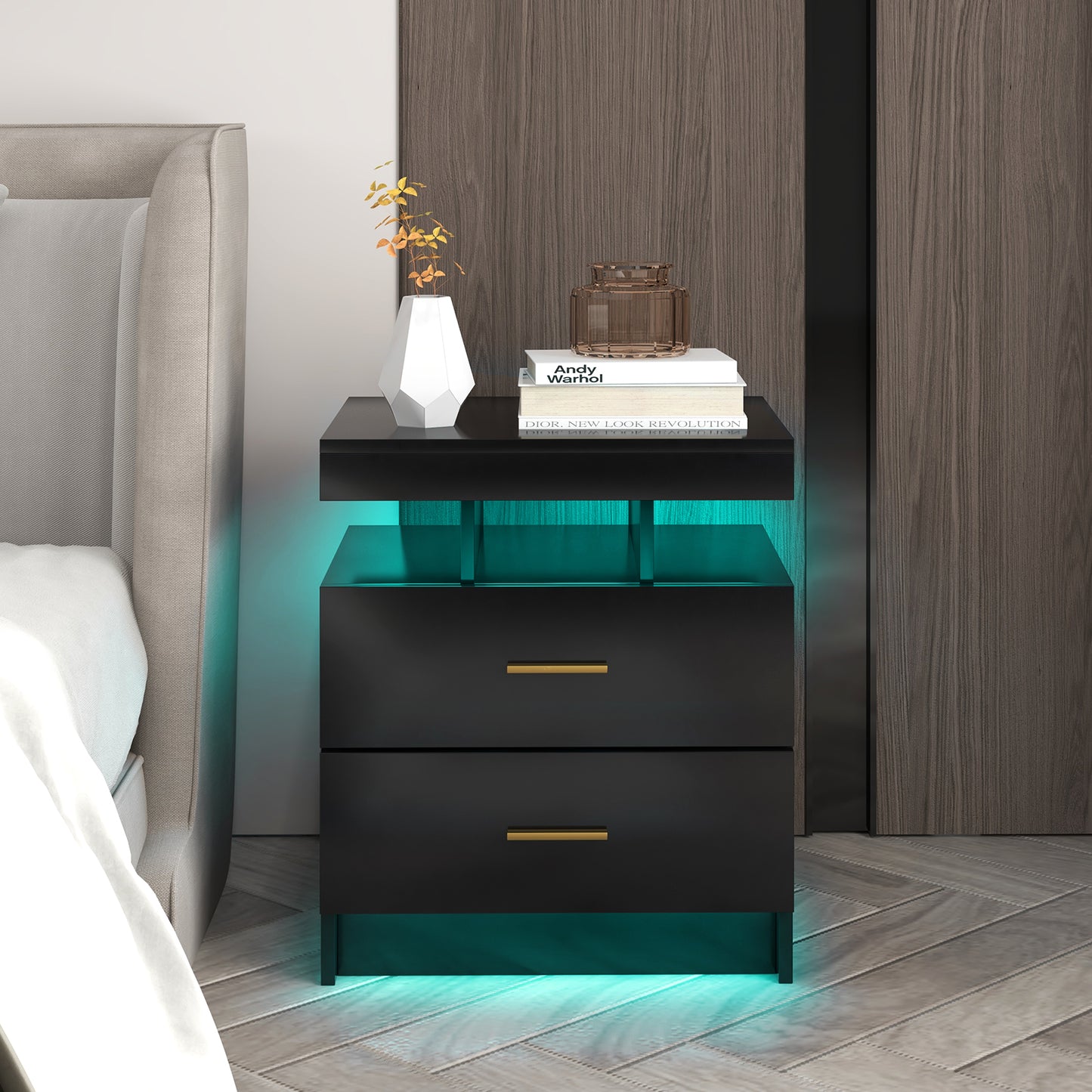 LED Nightstand with 2 Storage Drawers for Bedroom-Black Kids Crystal