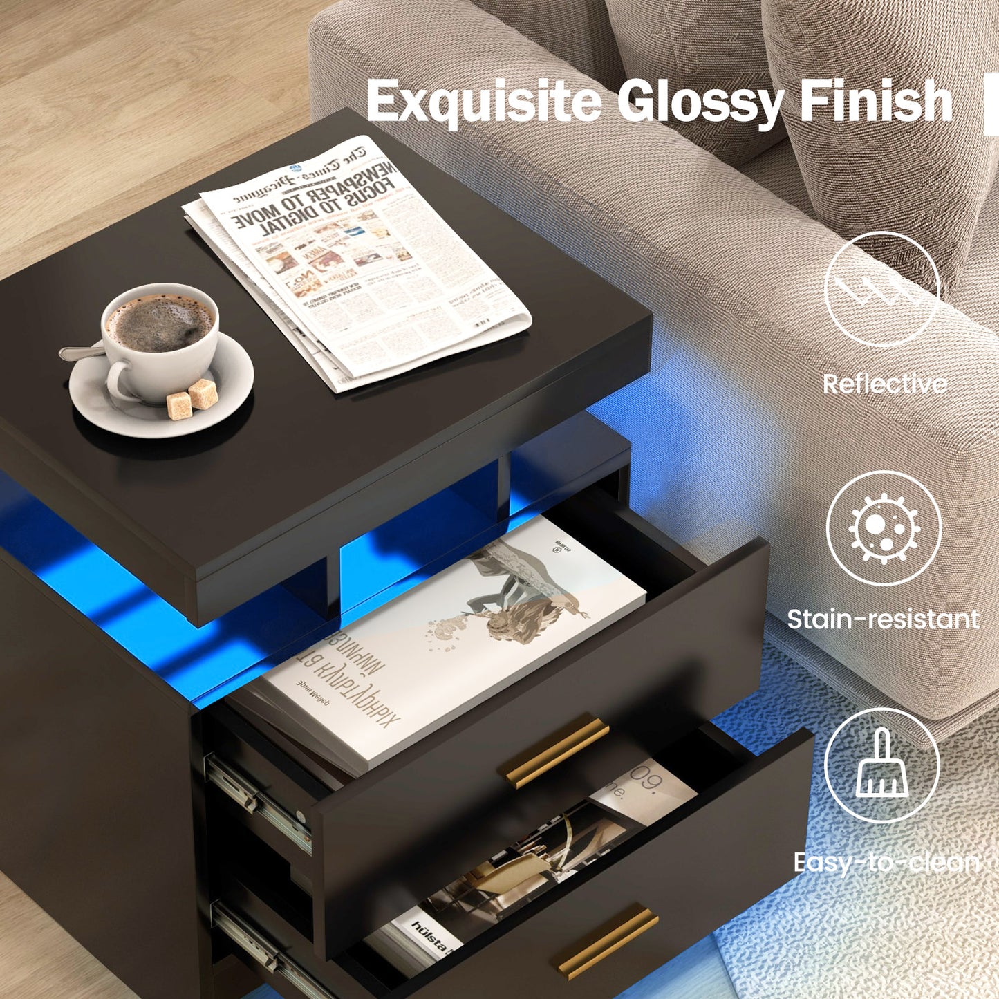 LED Nightstand with 2 Storage Drawers for Bedroom-Black Kids Crystal