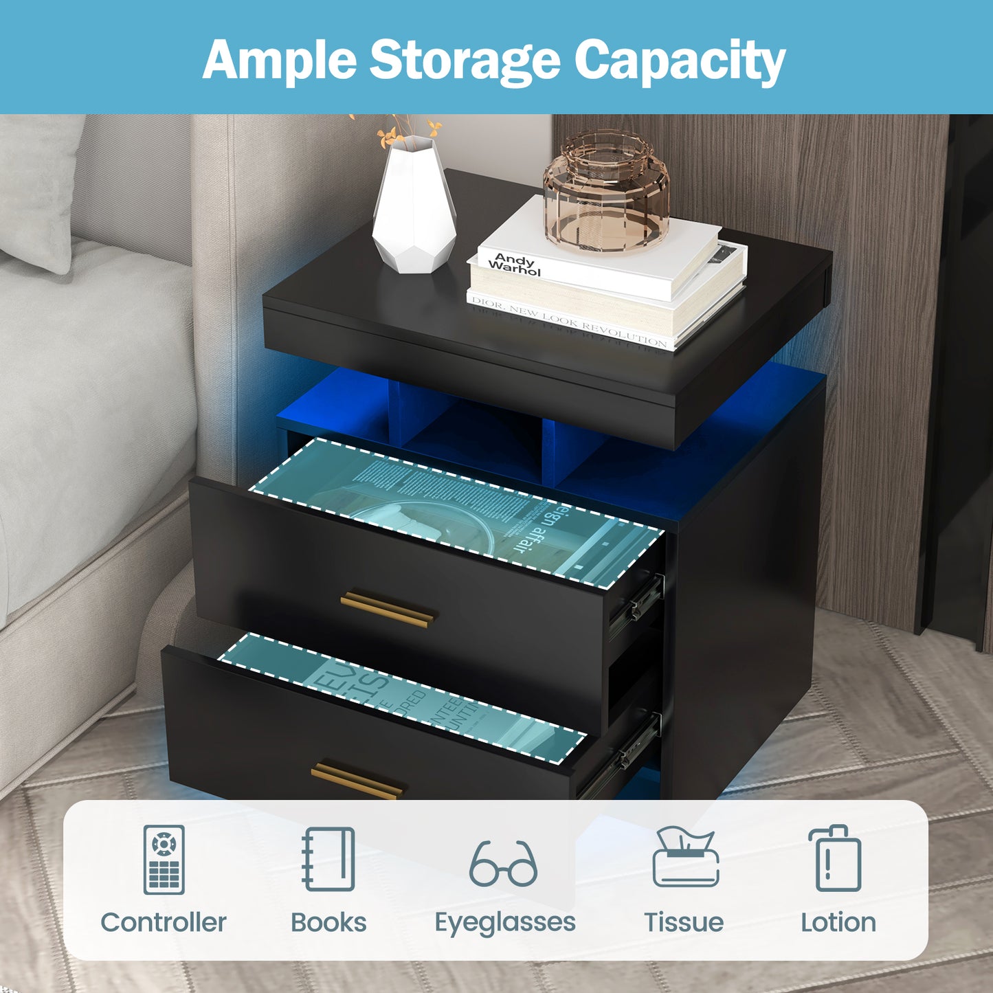 LED Nightstand with 2 Storage Drawers for Bedroom-Black Kids Crystal