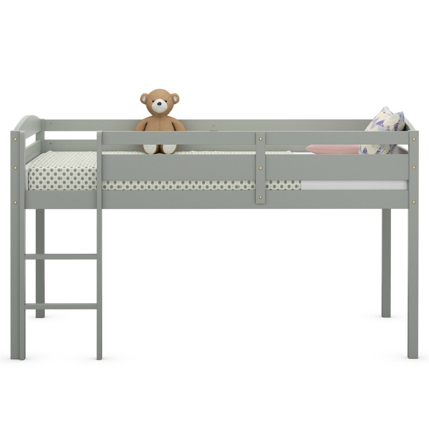Wooden Twin Low Loft Bunk Bed with Guard Rail and Ladder-Gray Kids Crystal