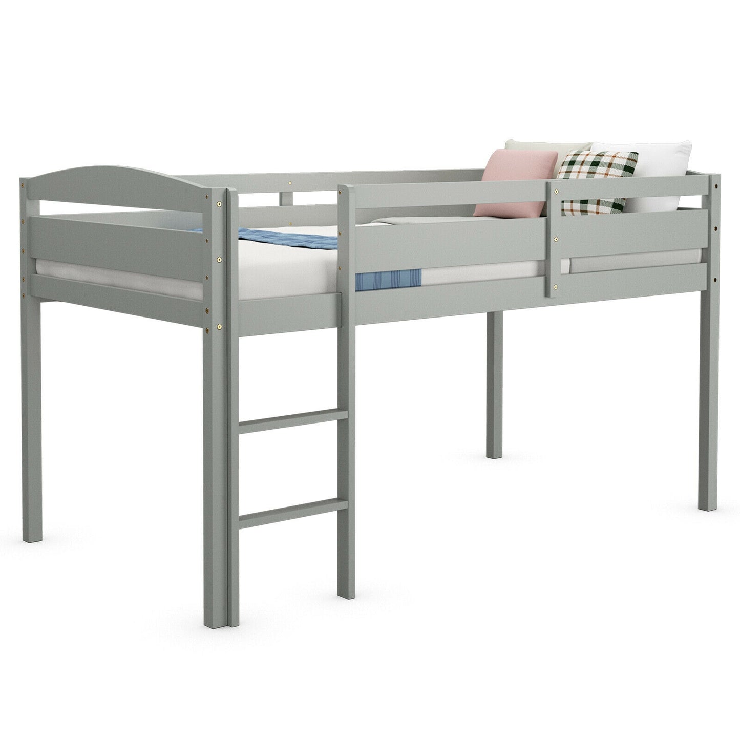 Wooden Twin Low Loft Bunk Bed with Guard Rail and Ladder-Gray Kids Crystal