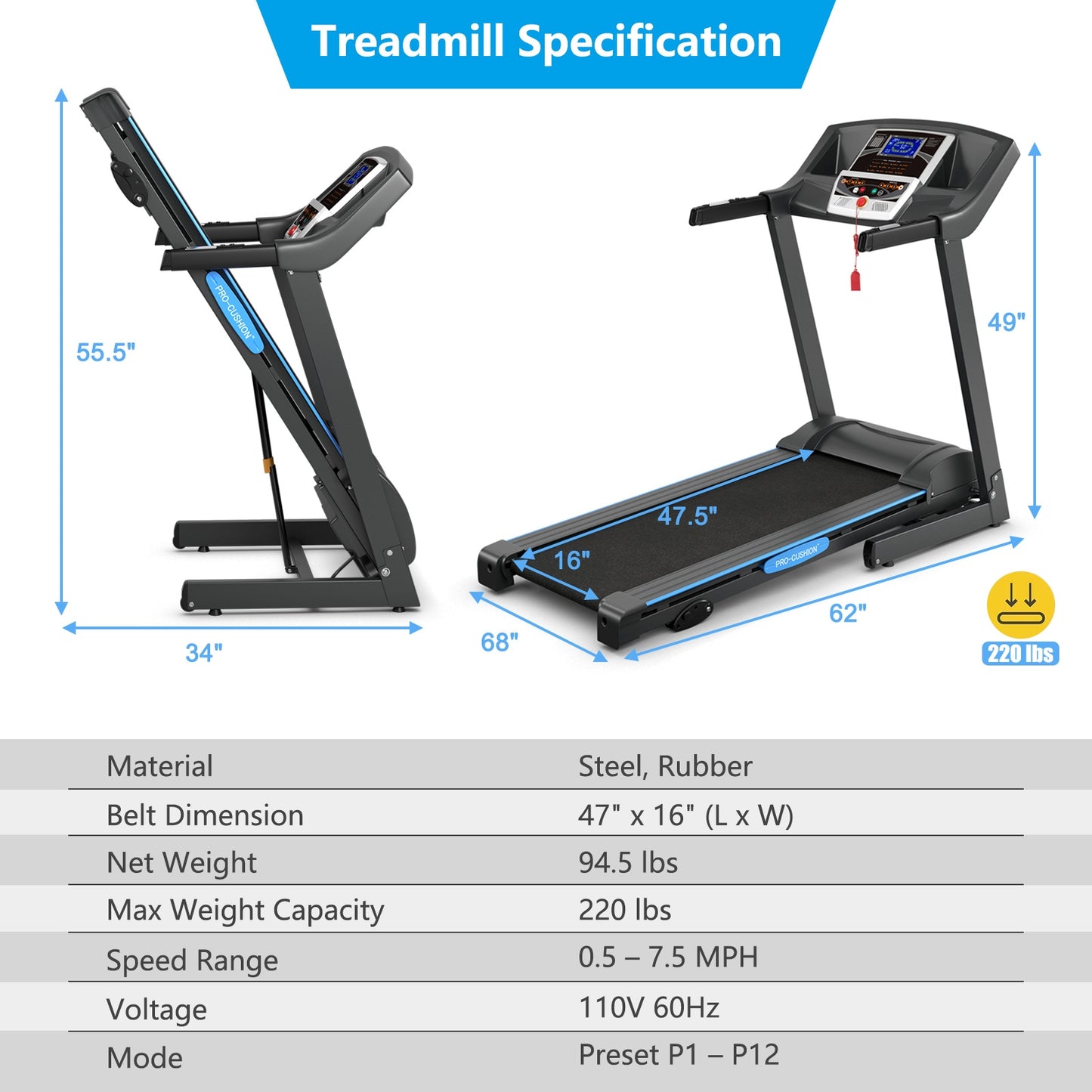 2.25 HP Folding Electric Motorized Power Treadmill Machine with LCD Display Kids Crystal