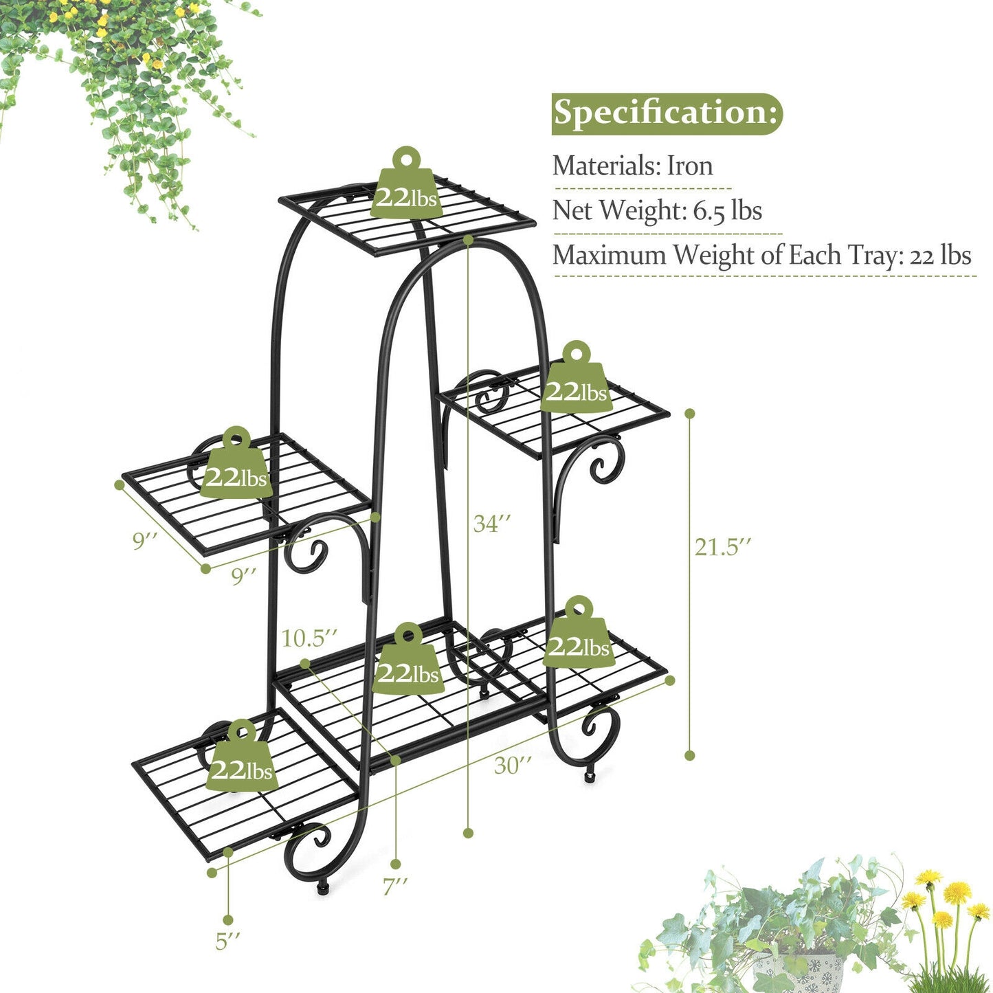 6-Tier Plant Stand with Adjustable Foot Pads-Black Kids Crystal