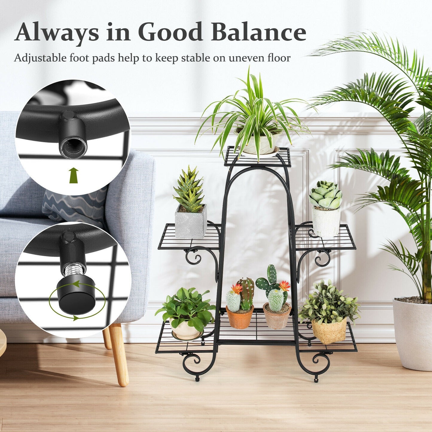 6-Tier Plant Stand with Adjustable Foot Pads-Black Kids Crystal