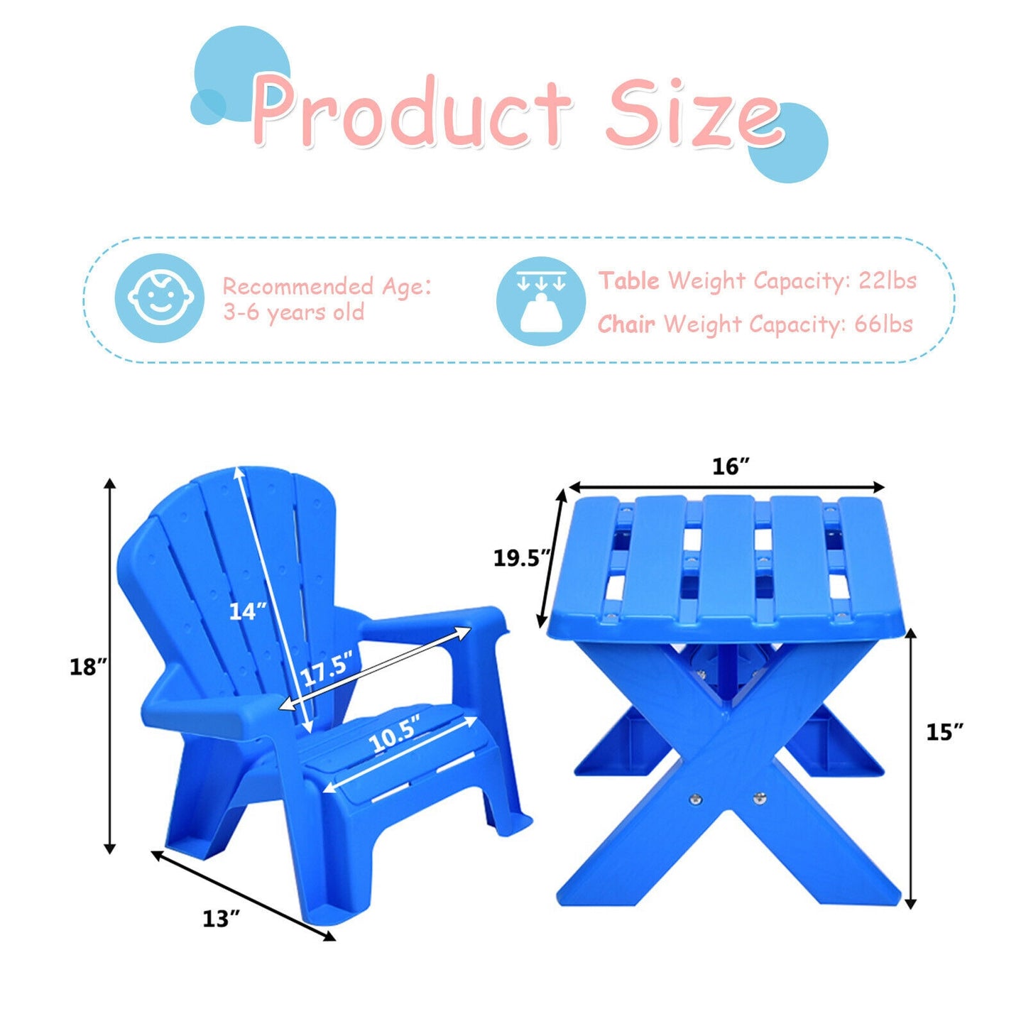 3-Piece Plastic Children Table Chair Set-Blue Kids Crystal