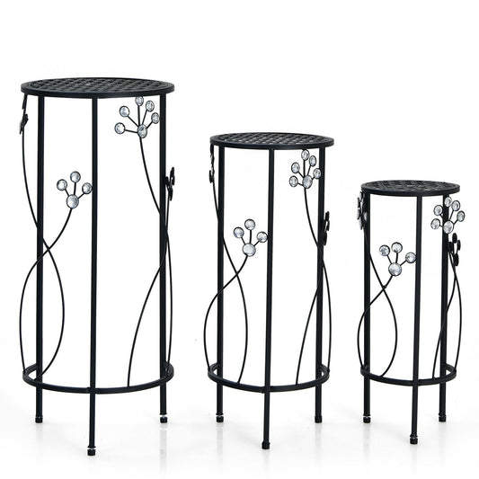 3 Pieces Metal Plant Stand Set with Crystal Floral Accents Round-Black Kids Crystal