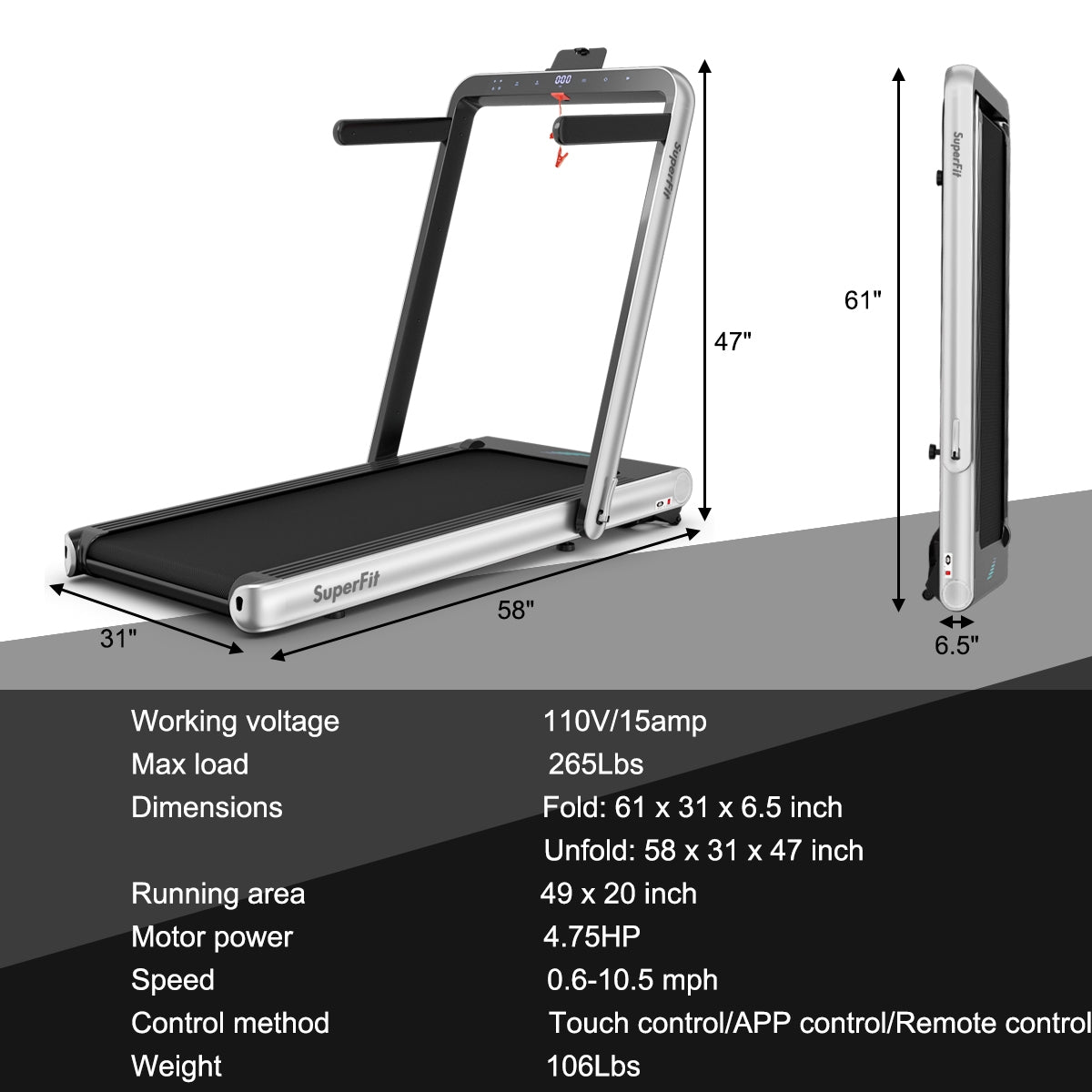 4.75HP 2 In 1 Folding Treadmill with Remote APP Control-Silver Kids Crystal