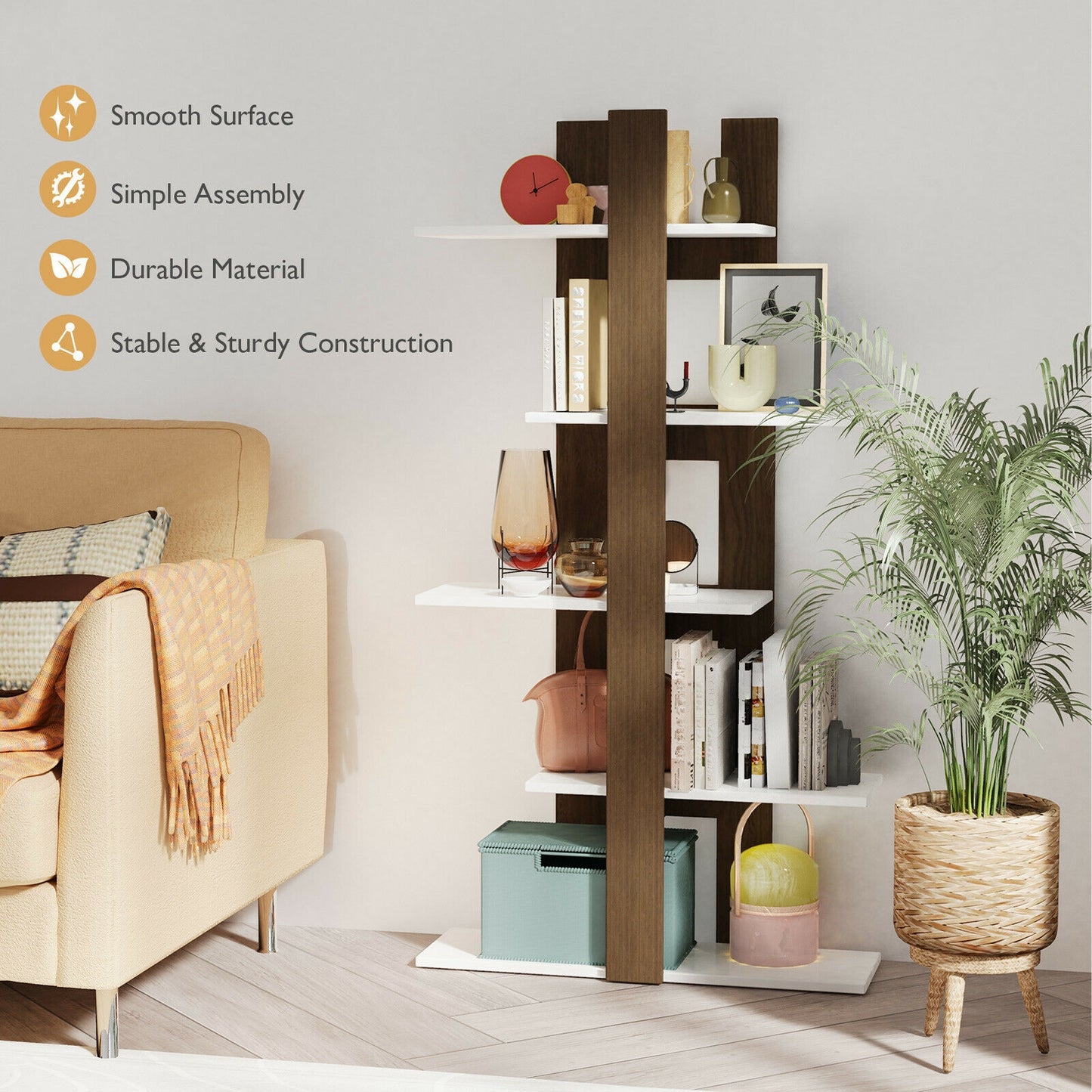 5-Tier Freestanding Bookshelf with Anti-Toppling Device Kids Crystal