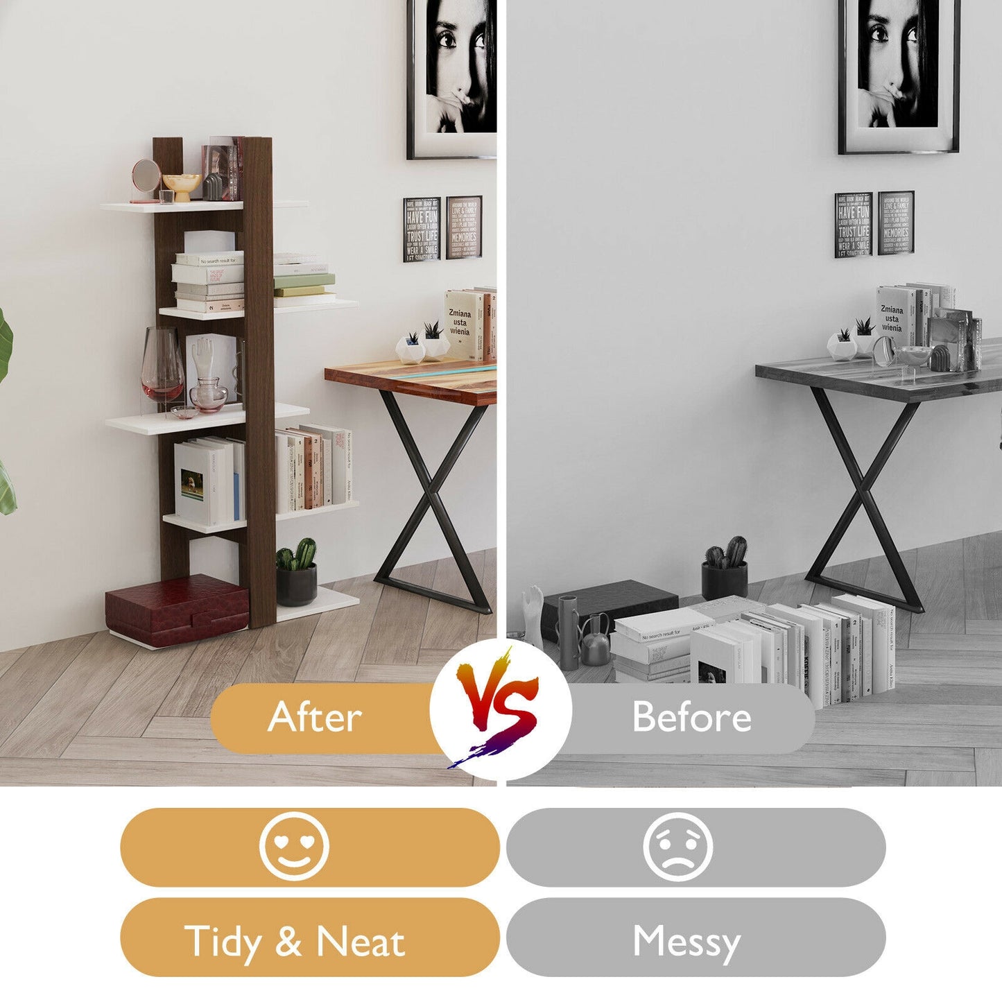 5-Tier Freestanding Bookshelf with Anti-Toppling Device Kids Crystal