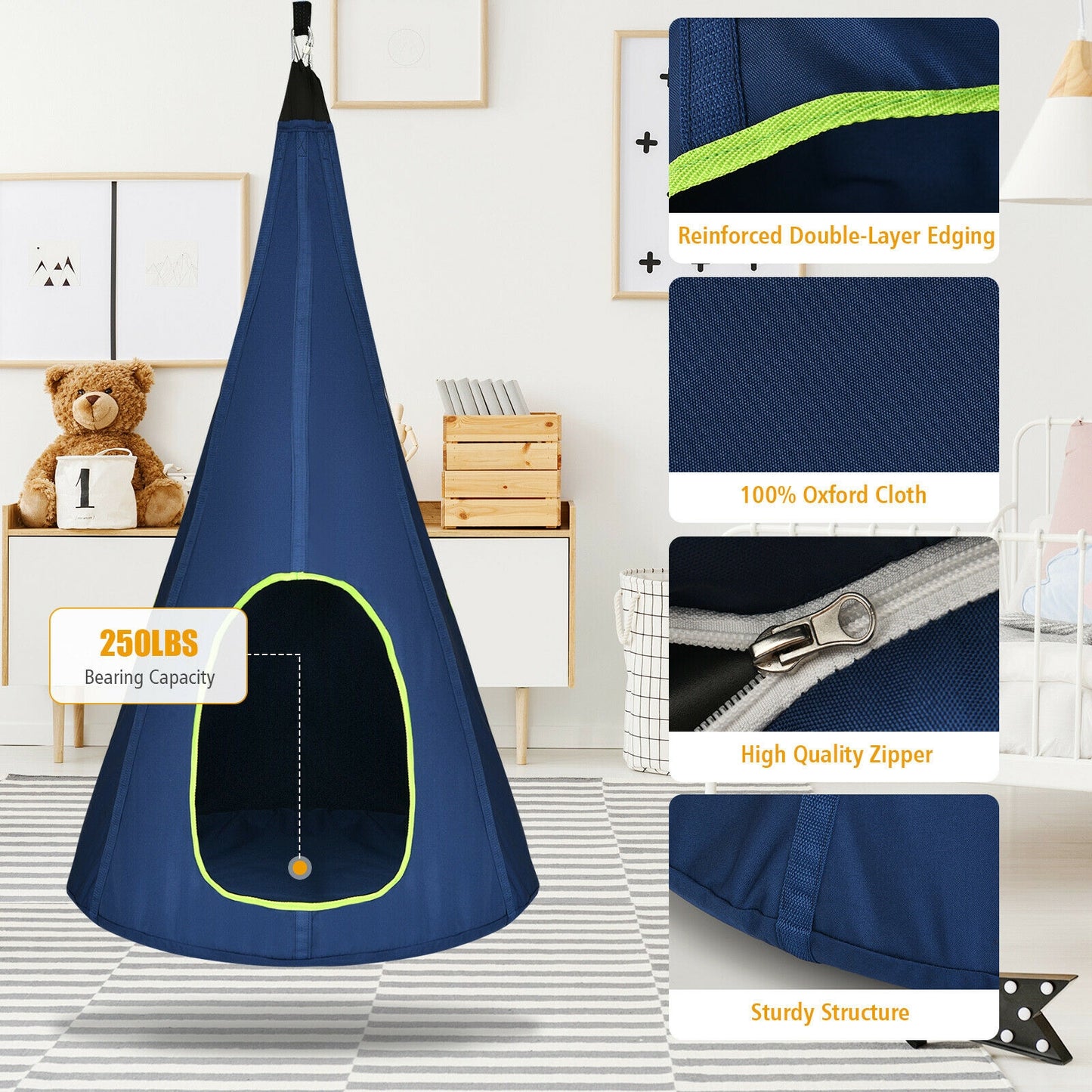 32 Inch Kids Nest Swing Chair Hanging Hammock Seat for Indoor Outdoor-Blue Kids Crystal