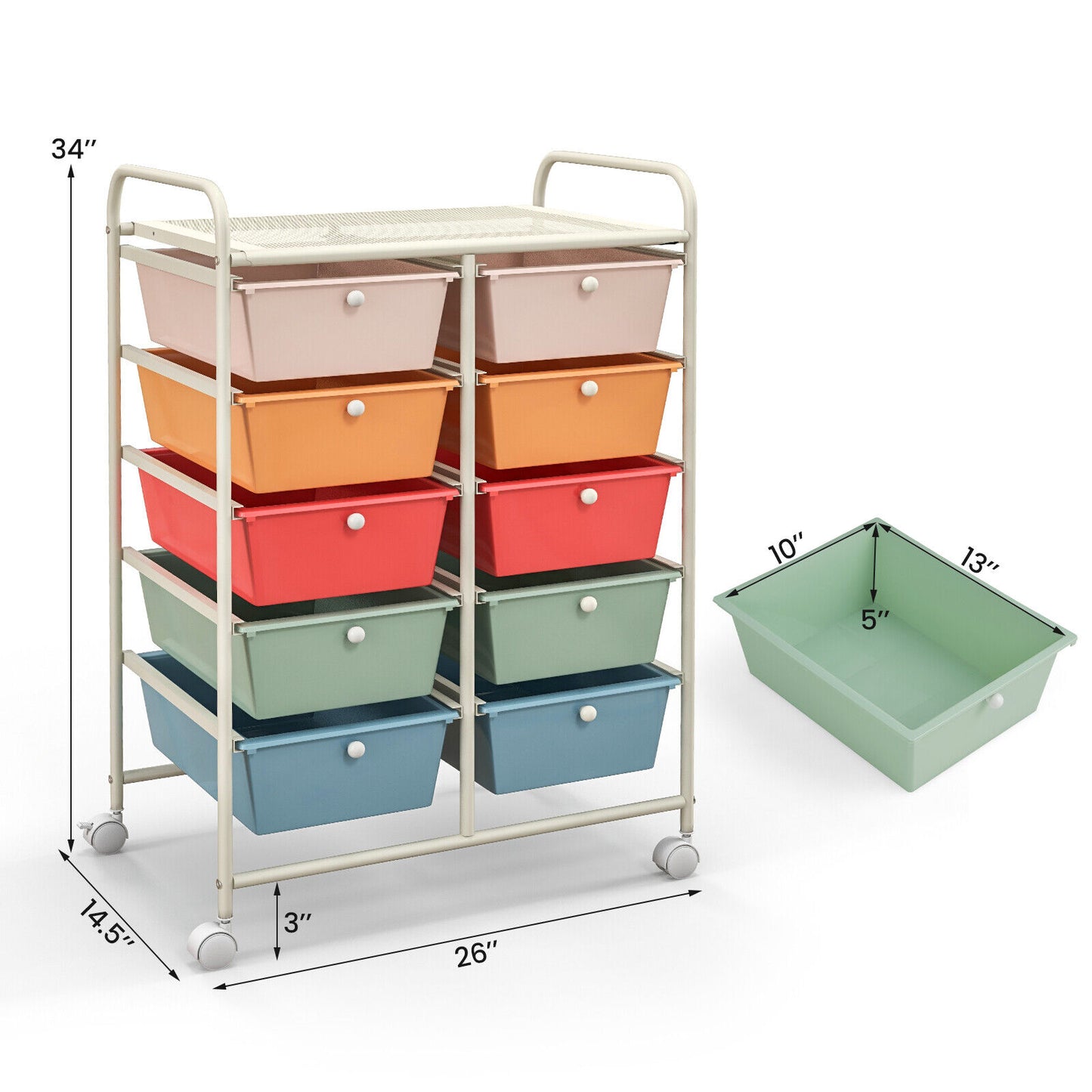 10-Drawer Rolling Storage Cart-Multicolor Kids Crystal