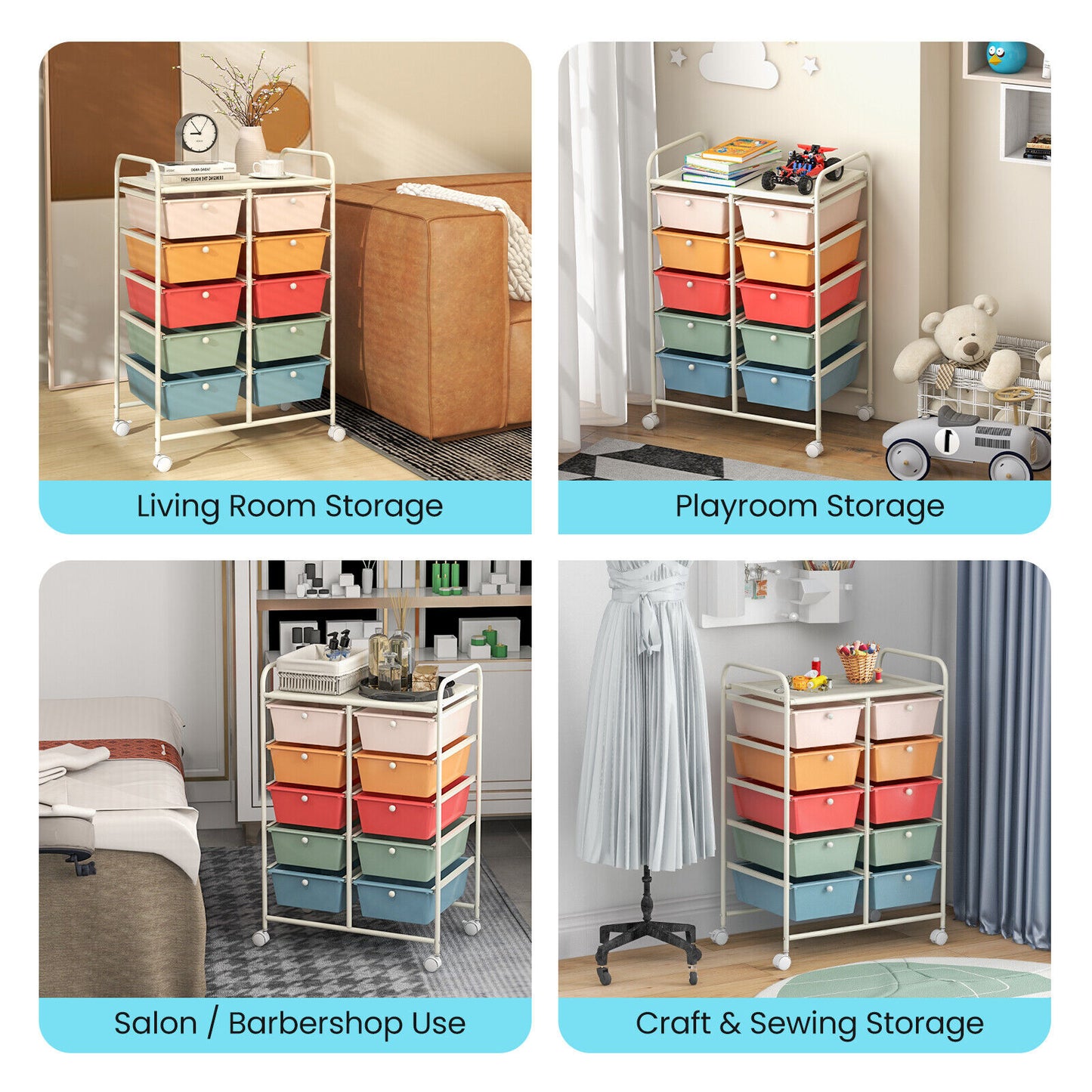 10-Drawer Rolling Storage Cart-Multicolor Kids Crystal
