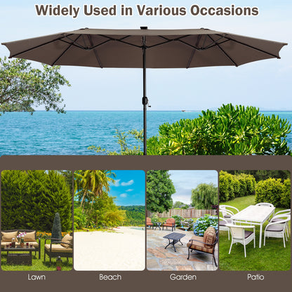 15 Feet Twin Patio Umbrella with 48 Solar LED Lights-Coffee