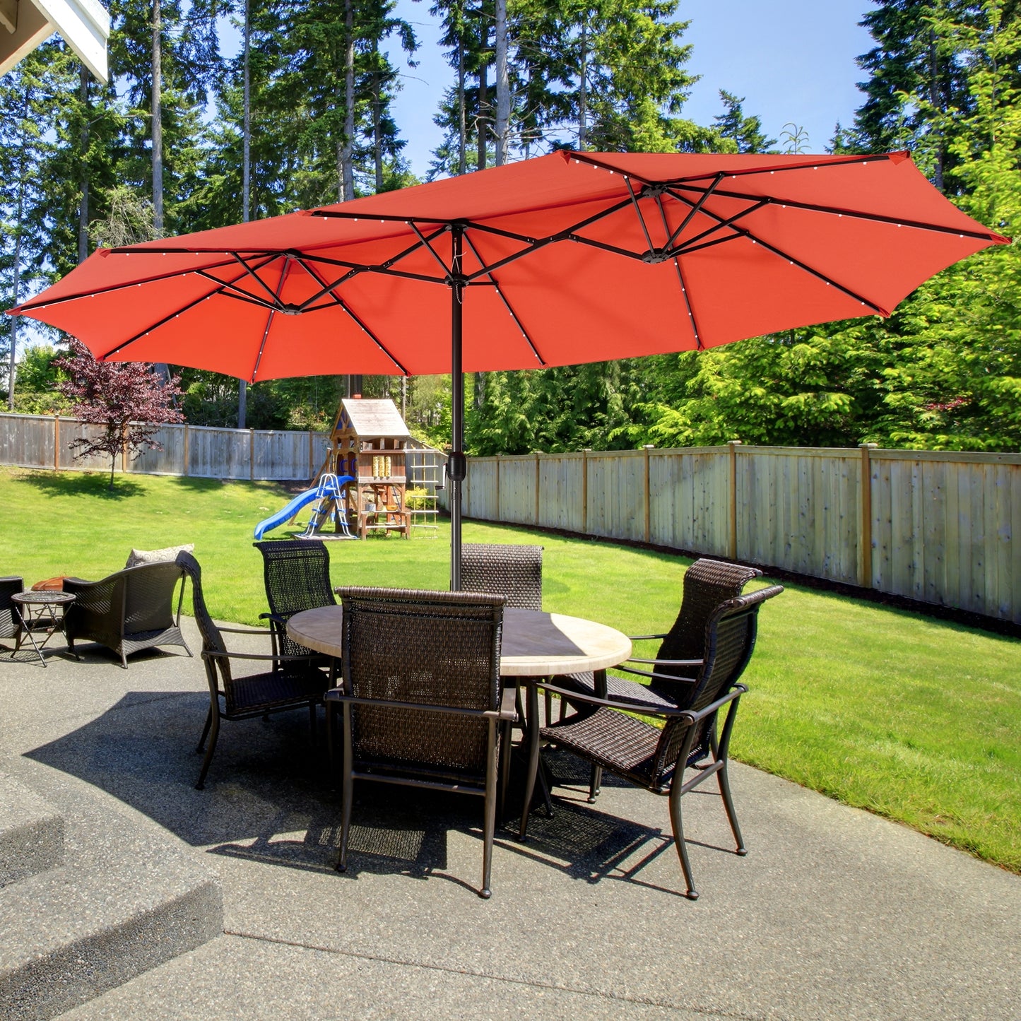 15 Feet Twin Patio Umbrella with 48 Solar LED Lights-Orange Kids Crystal