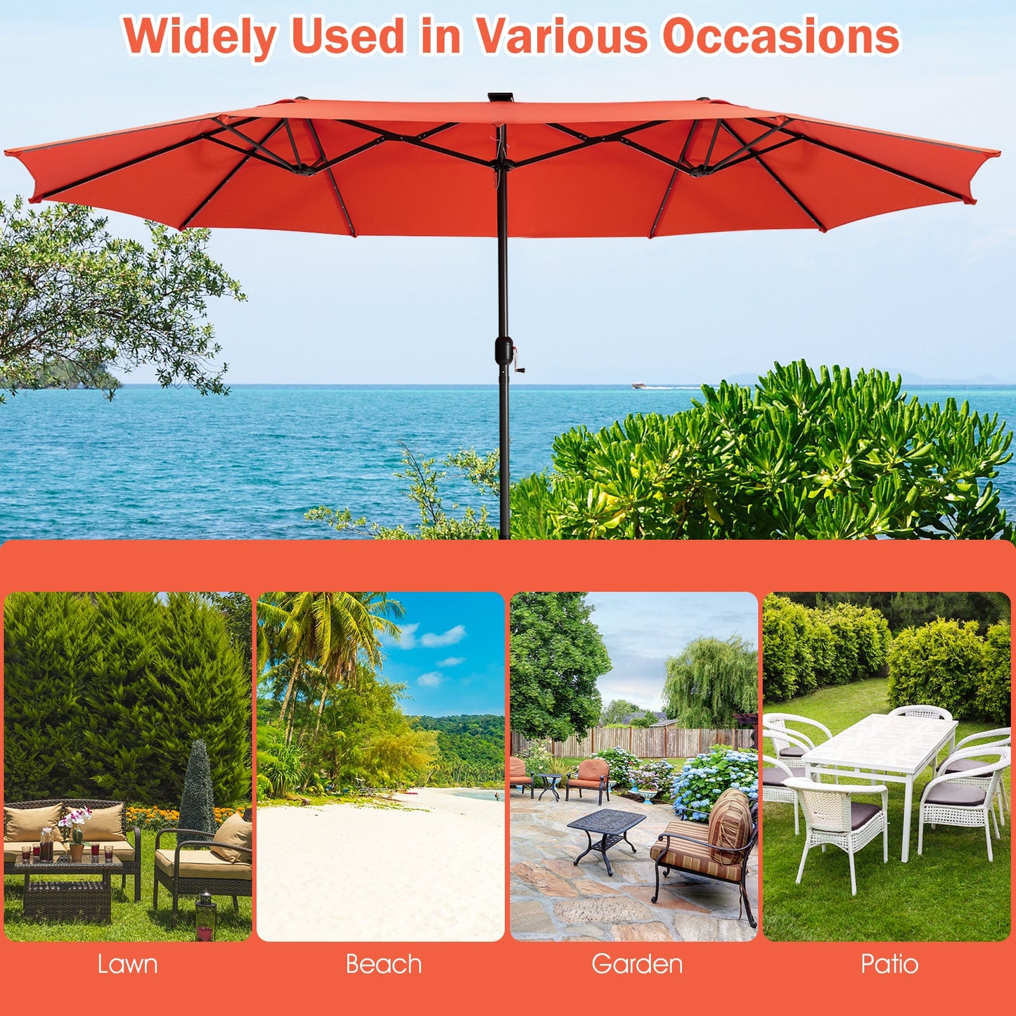 15 Feet Twin Patio Umbrella with 48 Solar LED Lights-Orange Kids Crystal