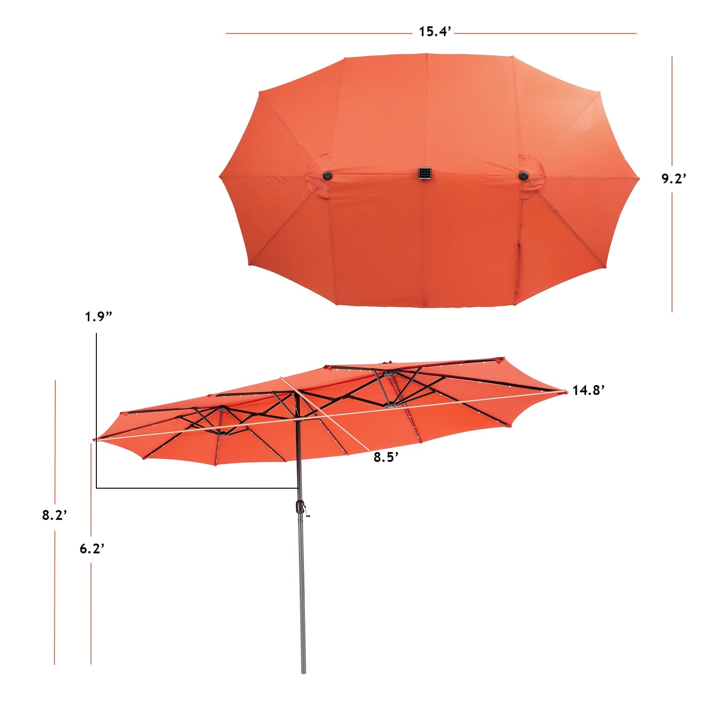 15 Feet Twin Patio Umbrella with 48 Solar LED Lights-Orange Kids Crystal
