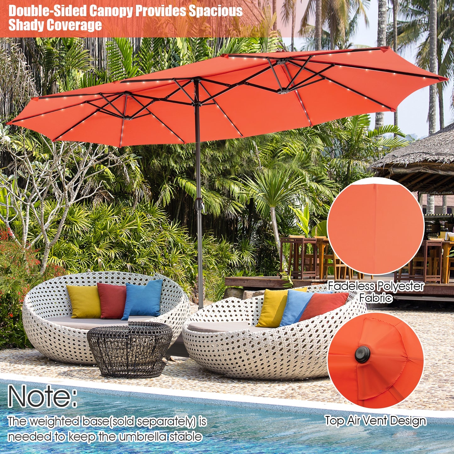 15 Feet Twin Patio Umbrella with 48 Solar LED Lights-Orange Kids Crystal
