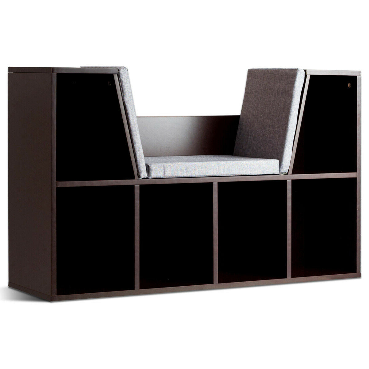 6-Cubby Kid Storage Bookcase Cushioned Reading Nook-Brown Kids Crystal