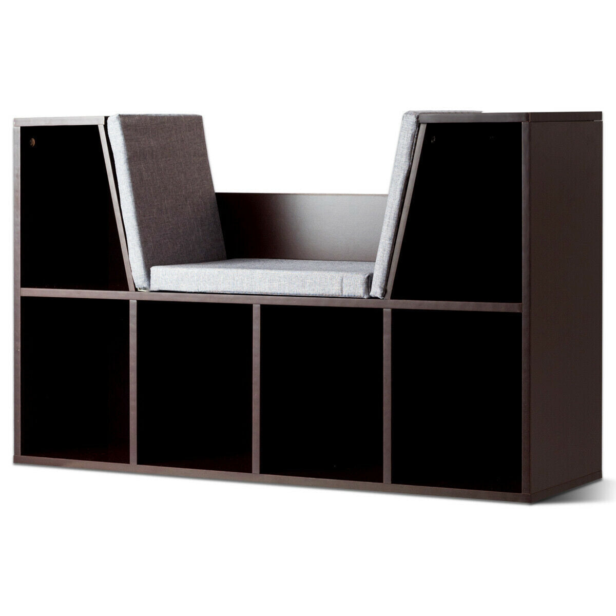 6-Cubby Kid Storage Bookcase Cushioned Reading Nook-Brown Kids Crystal