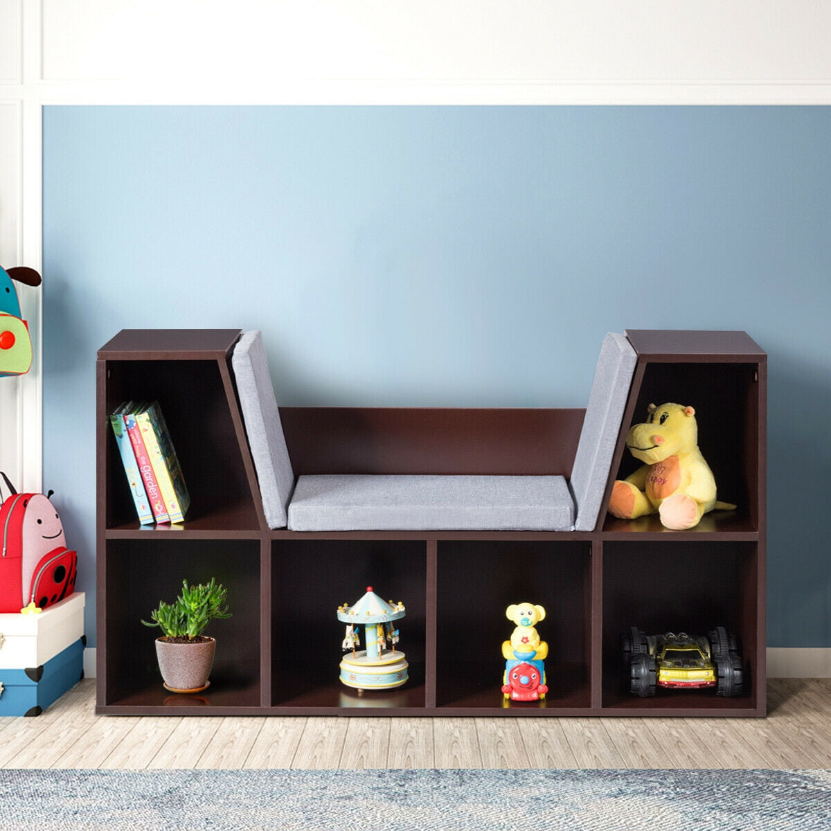 6-Cubby Kid Storage Bookcase Cushioned Reading Nook-Brown Kids Crystal